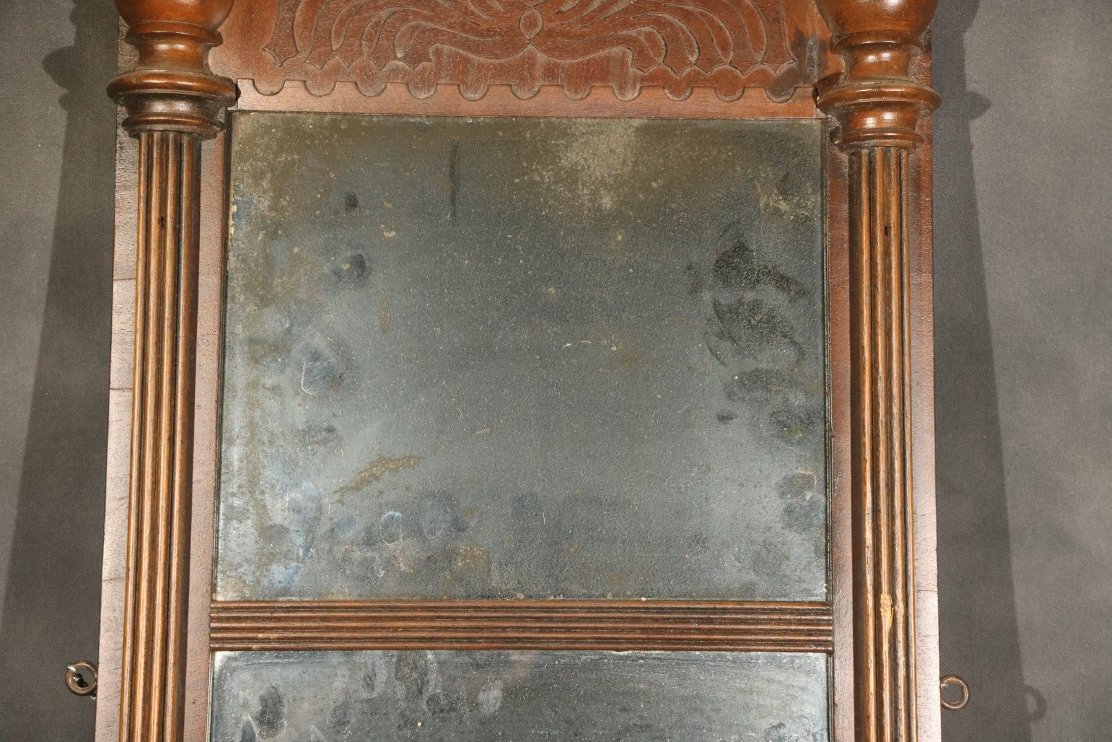 Antique Two-Part Wall Mirror with Carved Cornice, Turned Drop Pendants, and Fluted Columns