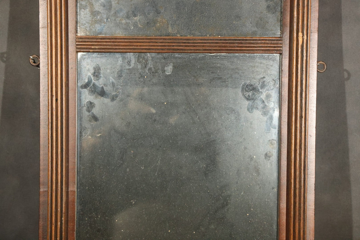 Antique Two-Part Wall Mirror with Carved Cornice, Turned Drop Pendants, and Fluted Columns