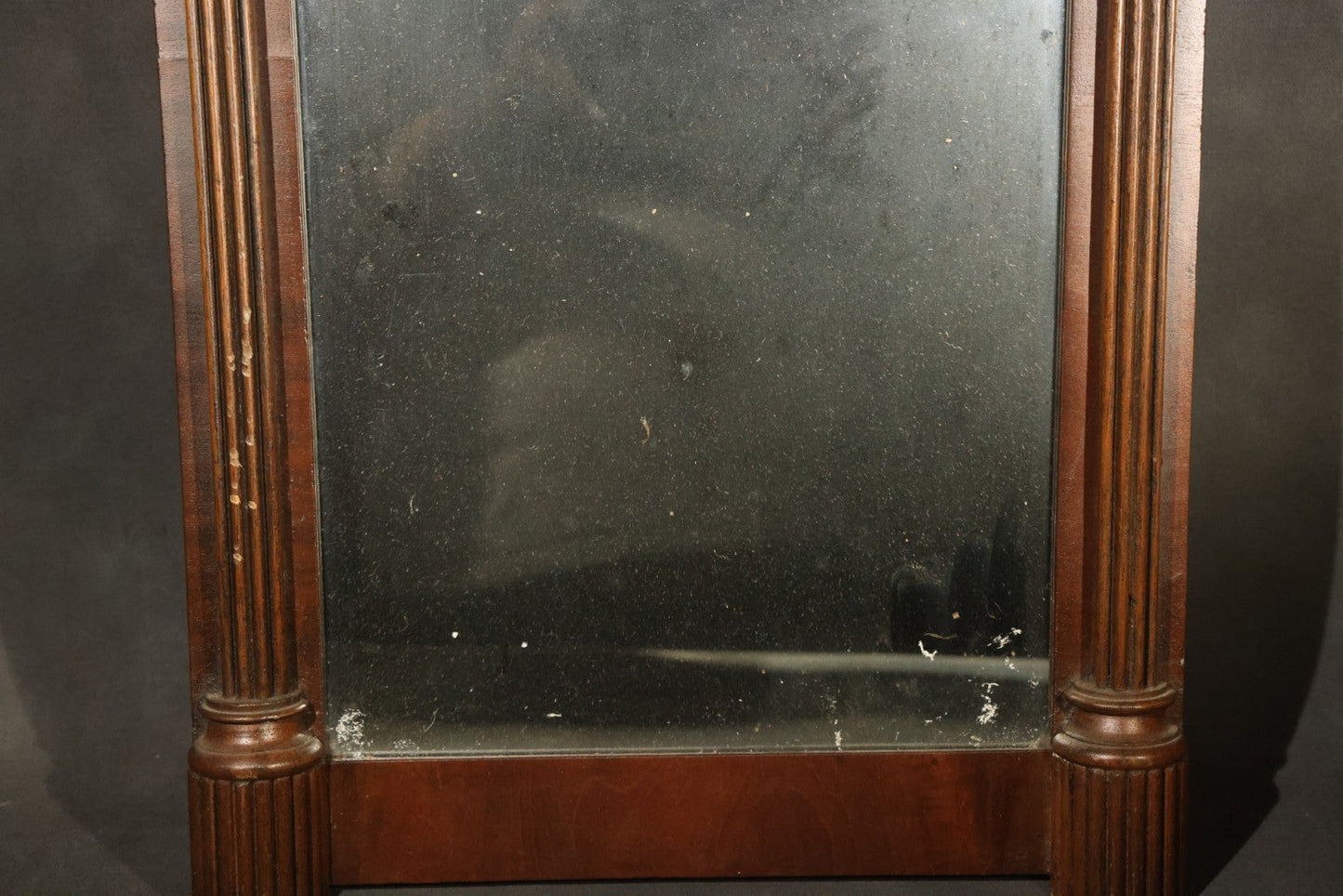 Antique Two-Part Wall Mirror with Carved Cornice, Turned Drop Pendants, and Fluted Columns