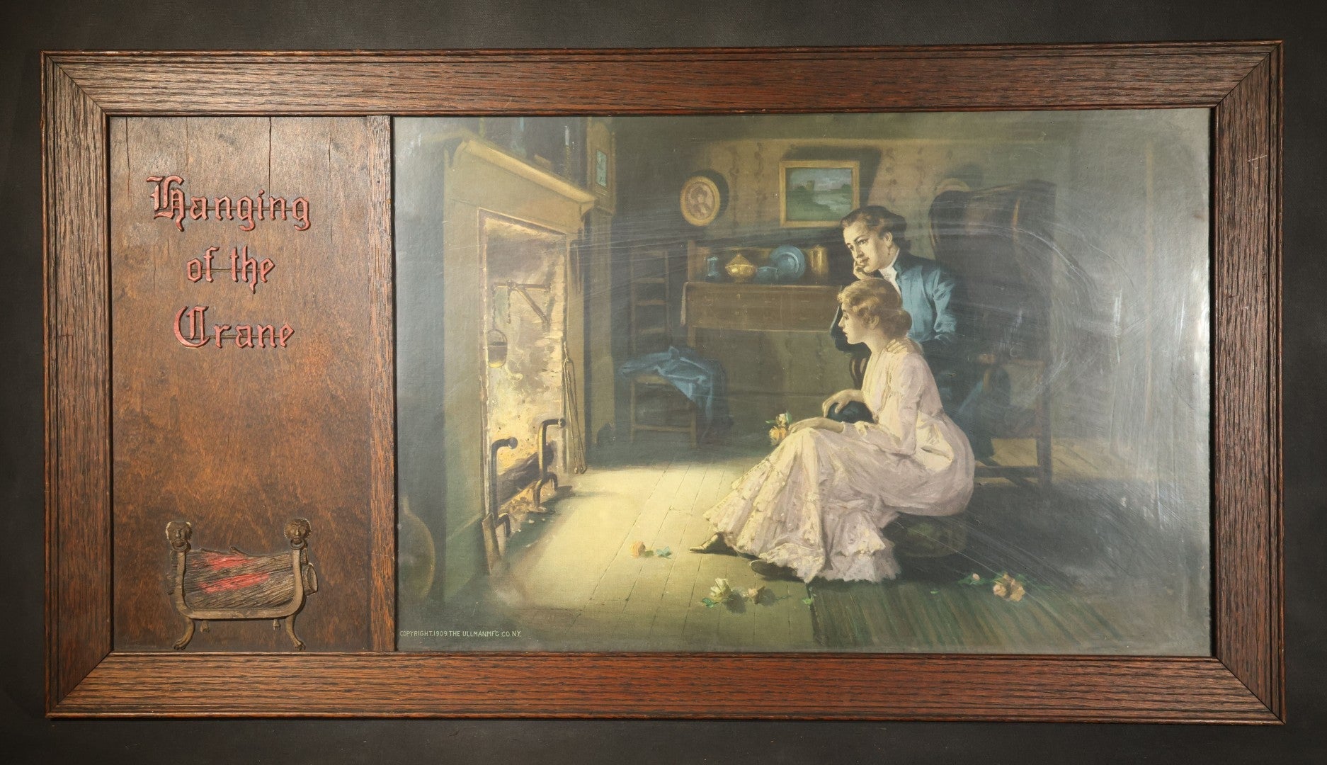 Antique "Hanging of the Crane" Framed Print with Applied Lettering and Metal Cradle, Copyright 1909, The Ullman Mfg. Co., New York