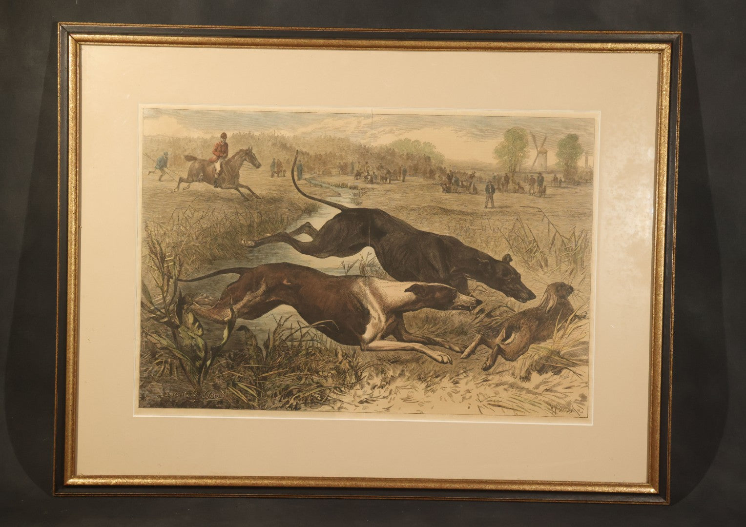 Antique Framed Hand-Colored Wood Engraving Print of a Greyhound Coursing Scene, After Bouverie Goddard, Engraved by W.J. Palmer