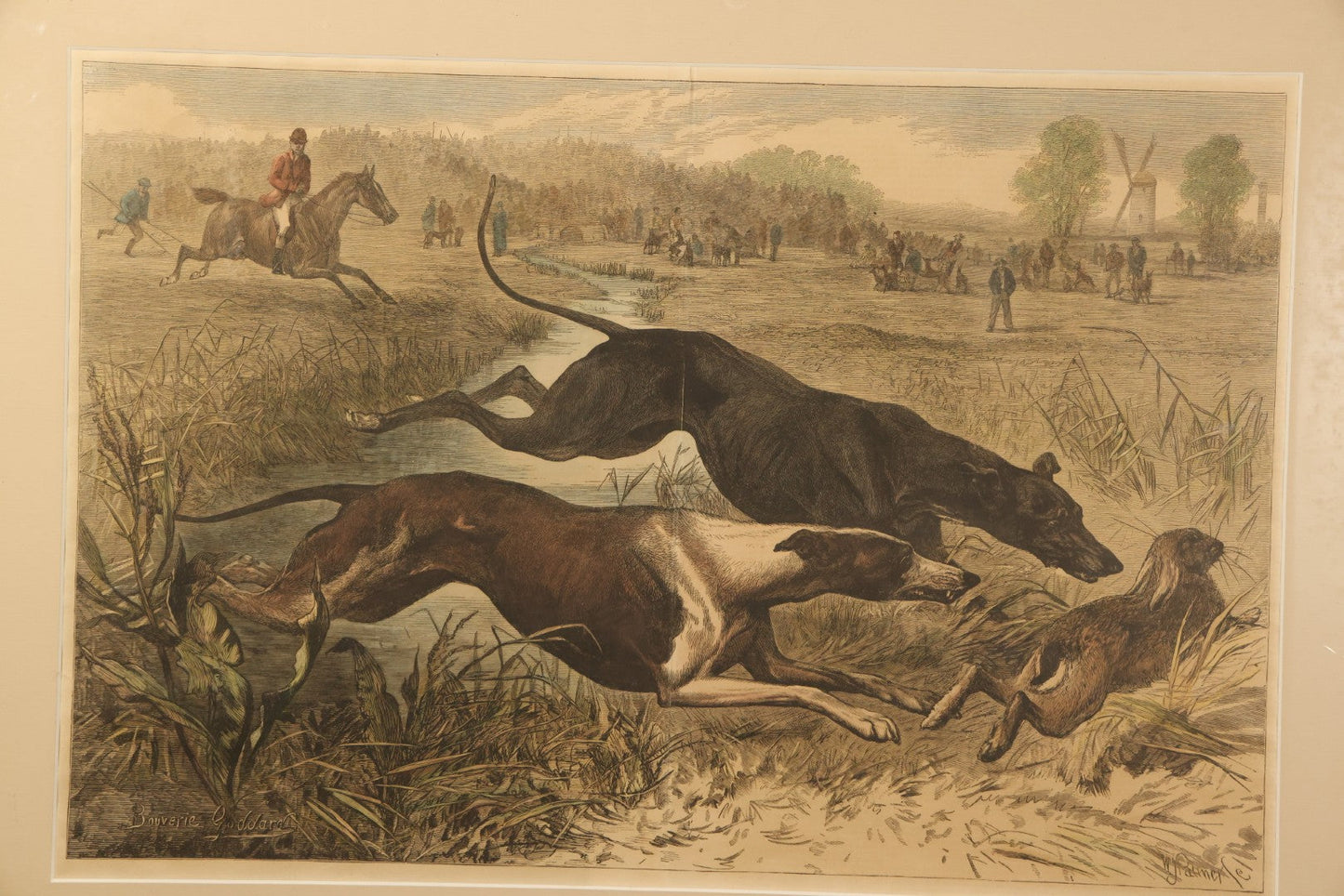 Antique Framed Hand-Colored Wood Engraving Print of a Greyhound Coursing Scene, After Bouverie Goddard, Engraved by W.J. Palmer