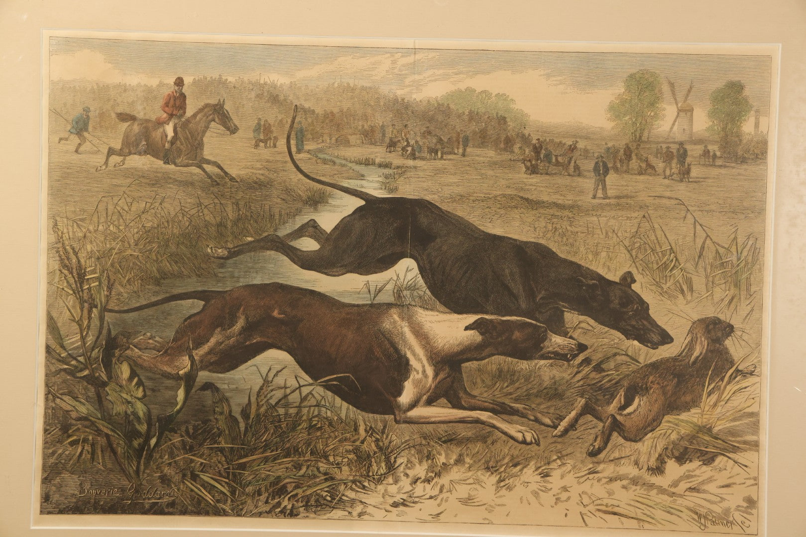 Antique Framed Hand-Colored Wood Engraving Print of a Greyhound Coursing Scene, After Bouverie Goddard, Engraved by W.J. Palmer