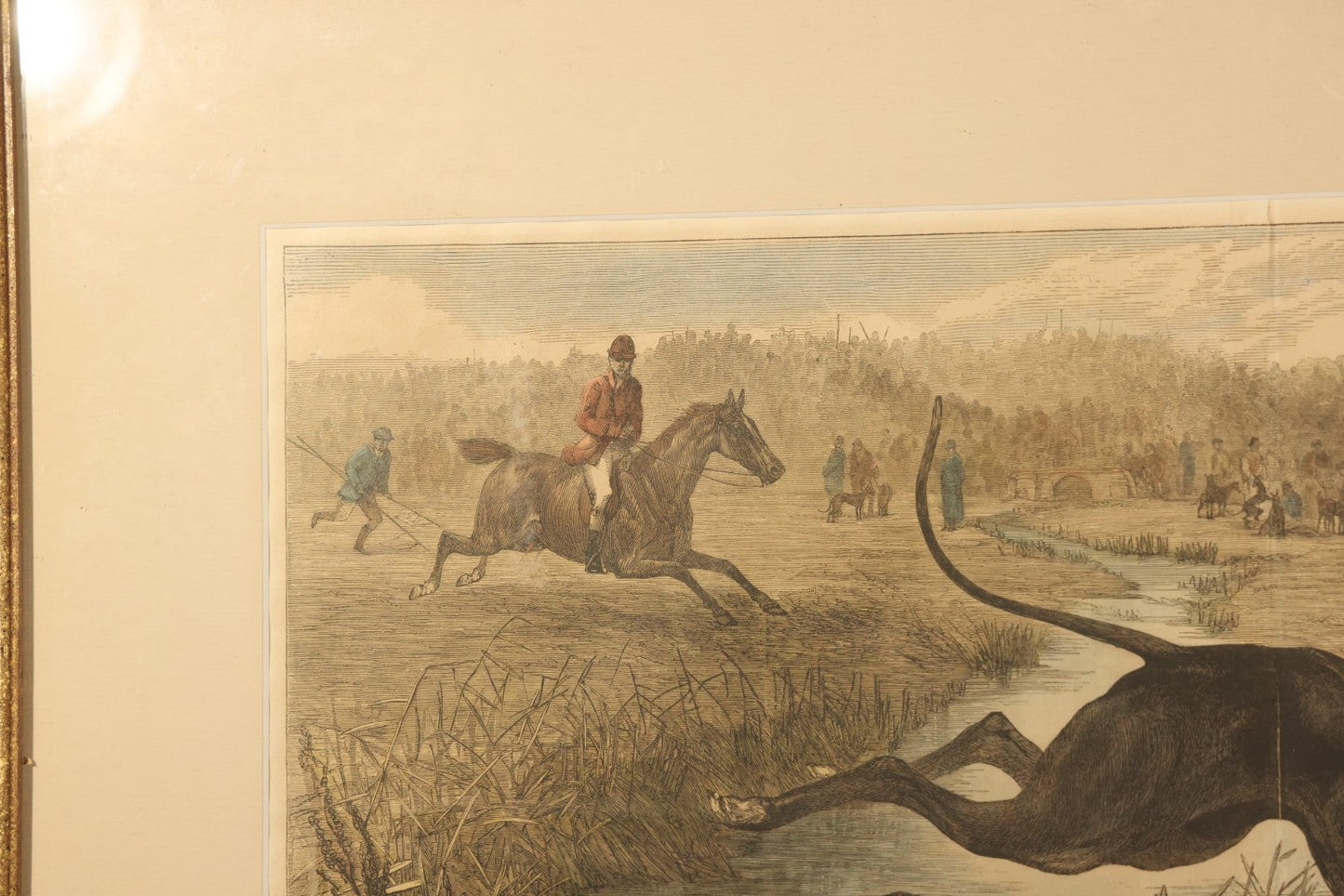 Antique Framed Hand-Colored Wood Engraving Print of a Greyhound Coursing Scene, After Bouverie Goddard, Engraved by W.J. Palmer