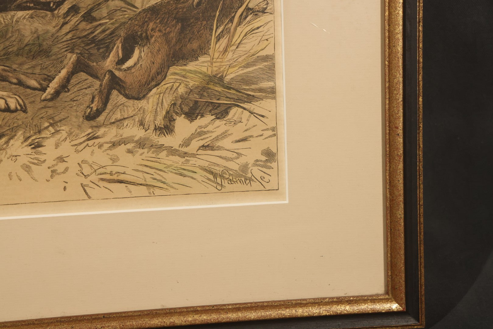 Antique Framed Hand-Colored Wood Engraving Print of a Greyhound Coursing Scene, After Bouverie Goddard, Engraved by W.J. Palmer