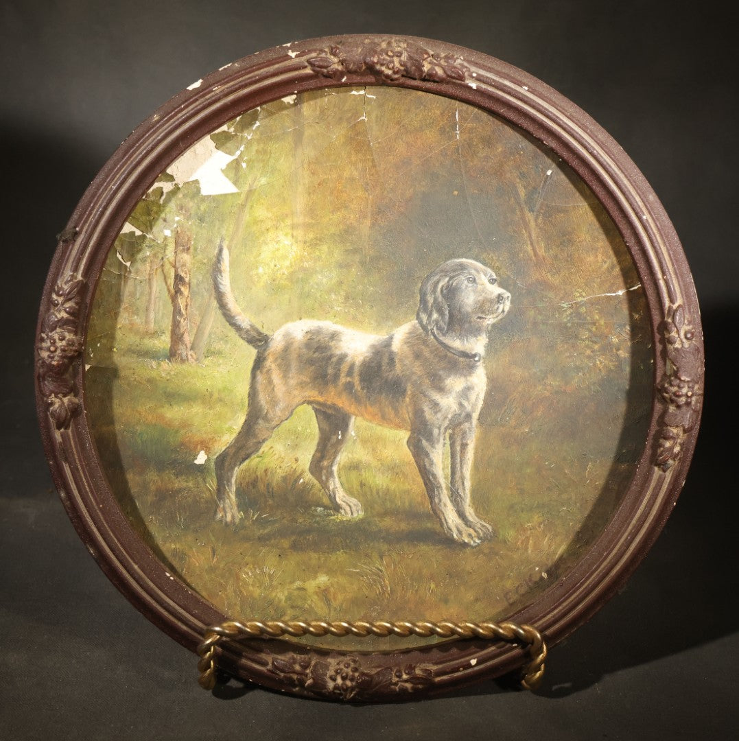 Antique Oil Painting on Composition Plate, Portrait of a Standing Hound After Rosa Bonheur by E.C. Kakas, Boston, Massachusetts, January 1883, in Round Frame