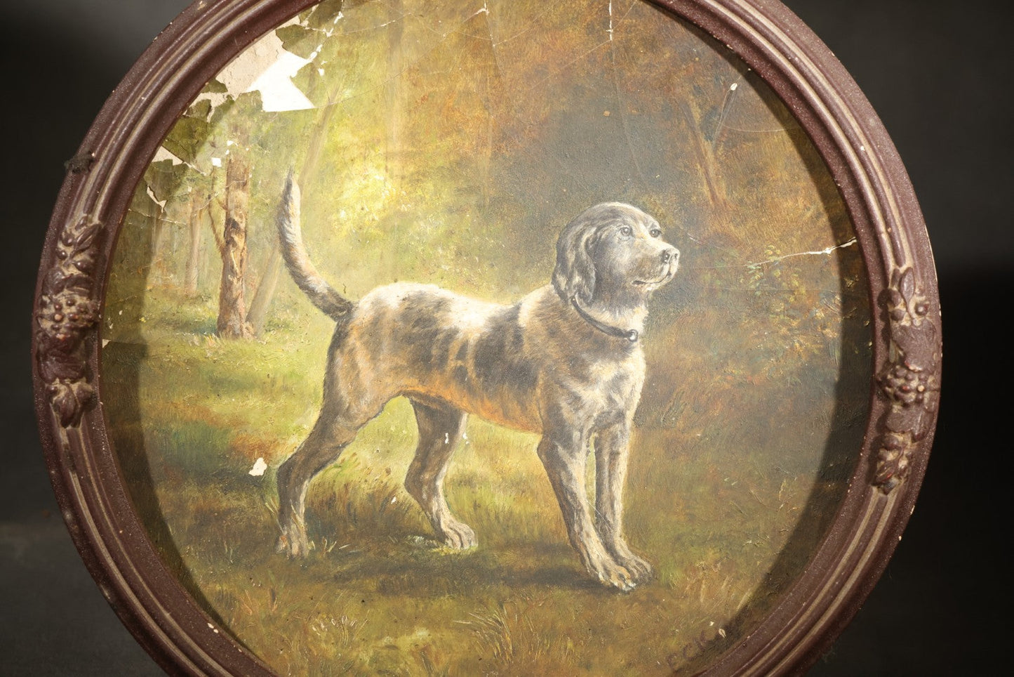 Antique Oil Painting on Composition Plate, Portrait of a Standing Hound After Rosa Bonheur by E.C. Kakas, Boston, Massachusetts, January 1883, in Round Frame
