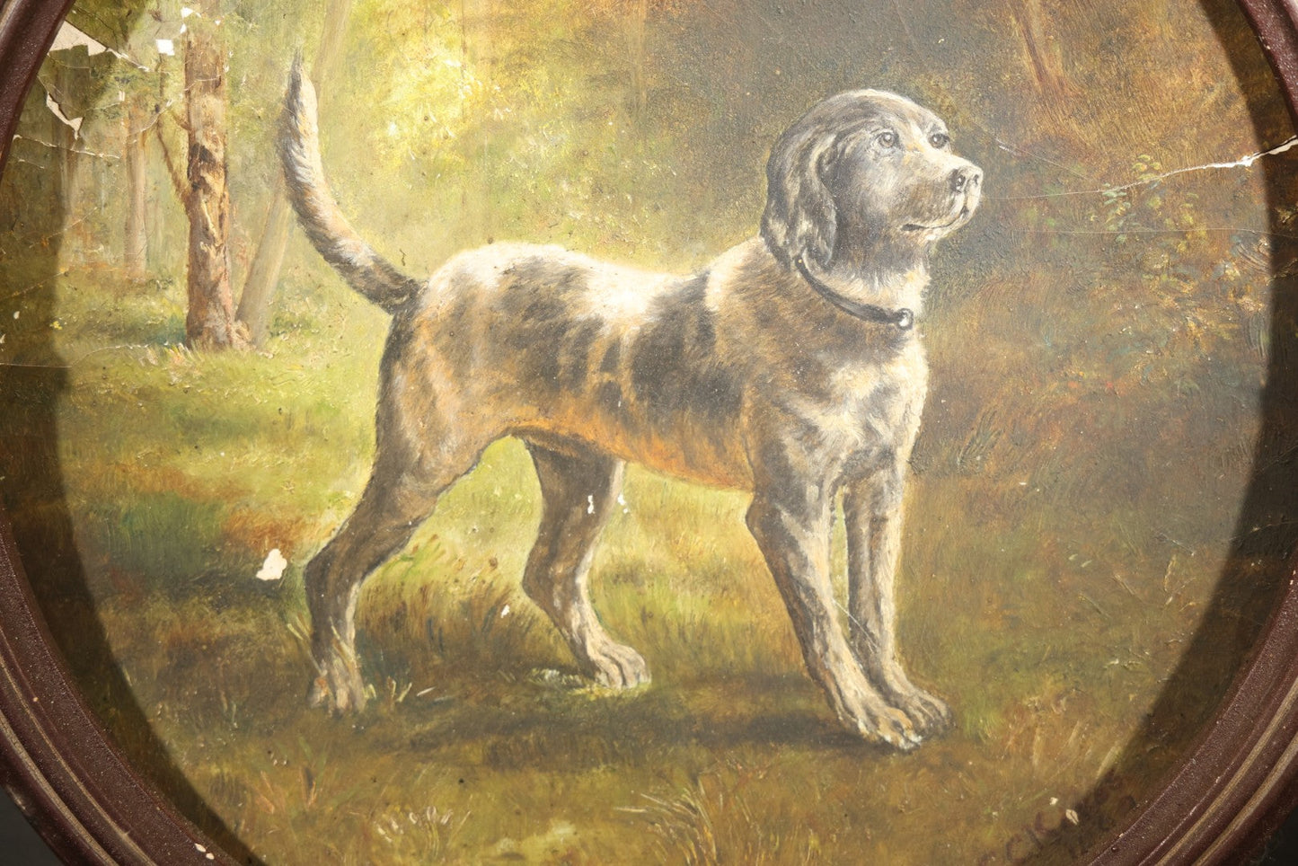 Antique Oil Painting on Composition Plate, Portrait of a Standing Hound After Rosa Bonheur by E.C. Kakas, Boston, Massachusetts, January 1883, in Round Frame