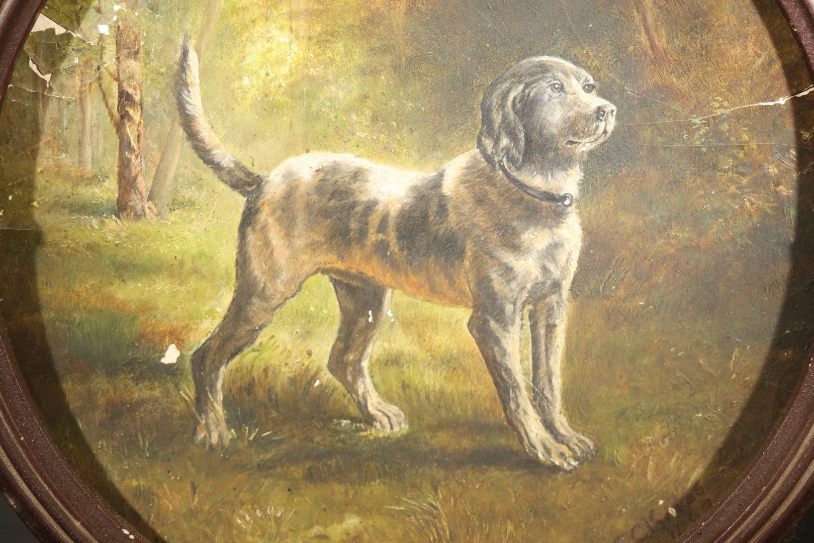 Antique Oil Painting on Composition Plate, Portrait of a Standing Hound After Rosa Bonheur by E.C. Kakas, Boston, Massachusetts, January 1883, in Round Frame
