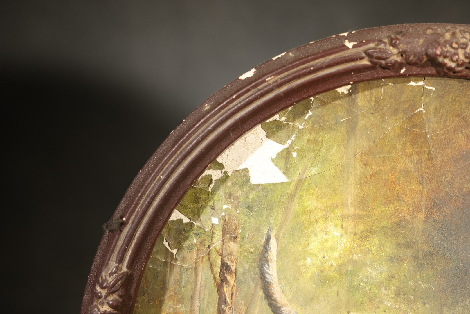 Antique Oil Painting on Composition Plate, Portrait of a Standing Hound After Rosa Bonheur by E.C. Kakas, Boston, Massachusetts, January 1883, in Round Frame