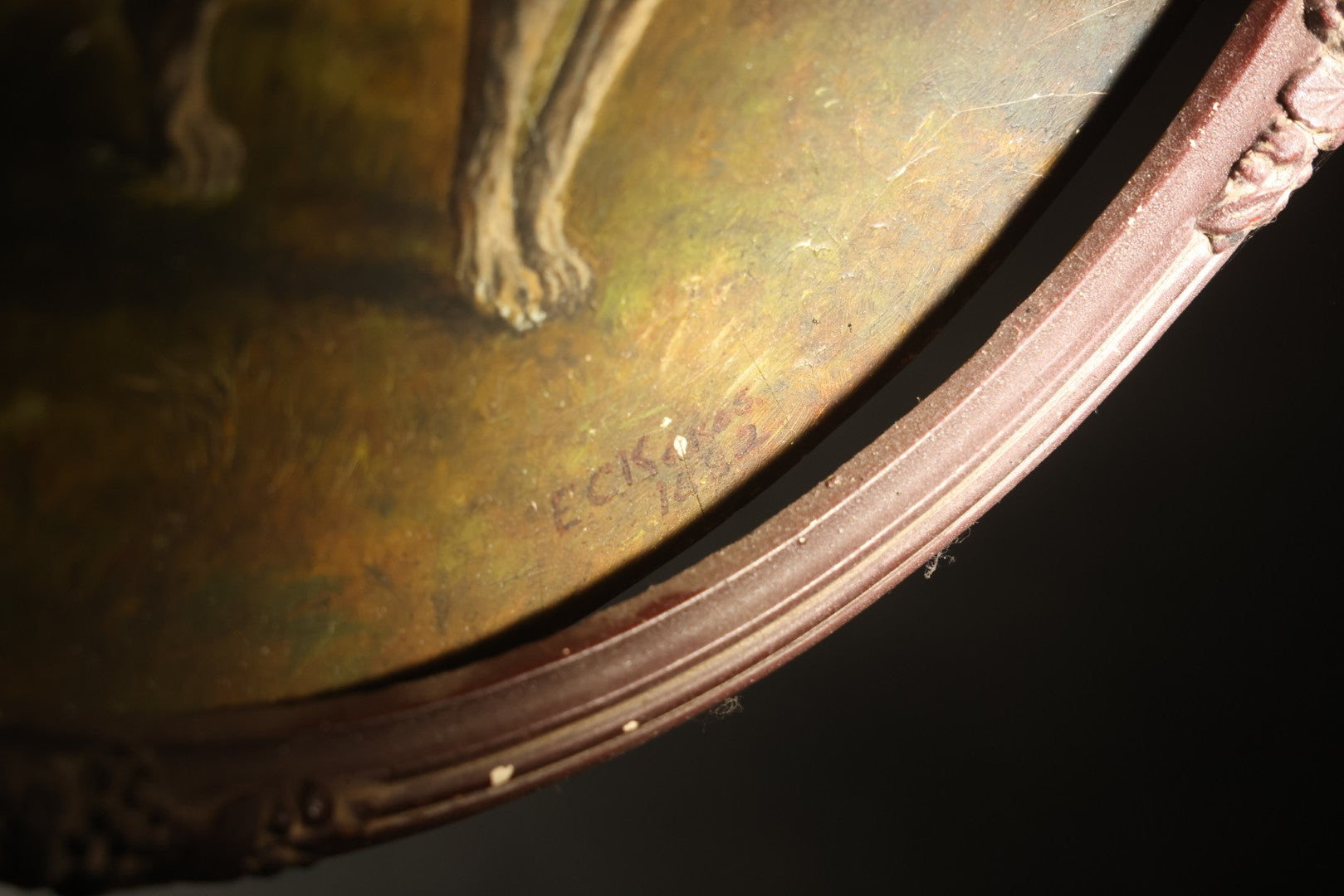 Antique Oil Painting on Composition Plate, Portrait of a Standing Hound After Rosa Bonheur by E.C. Kakas, Boston, Massachusetts, January 1883, in Round Frame