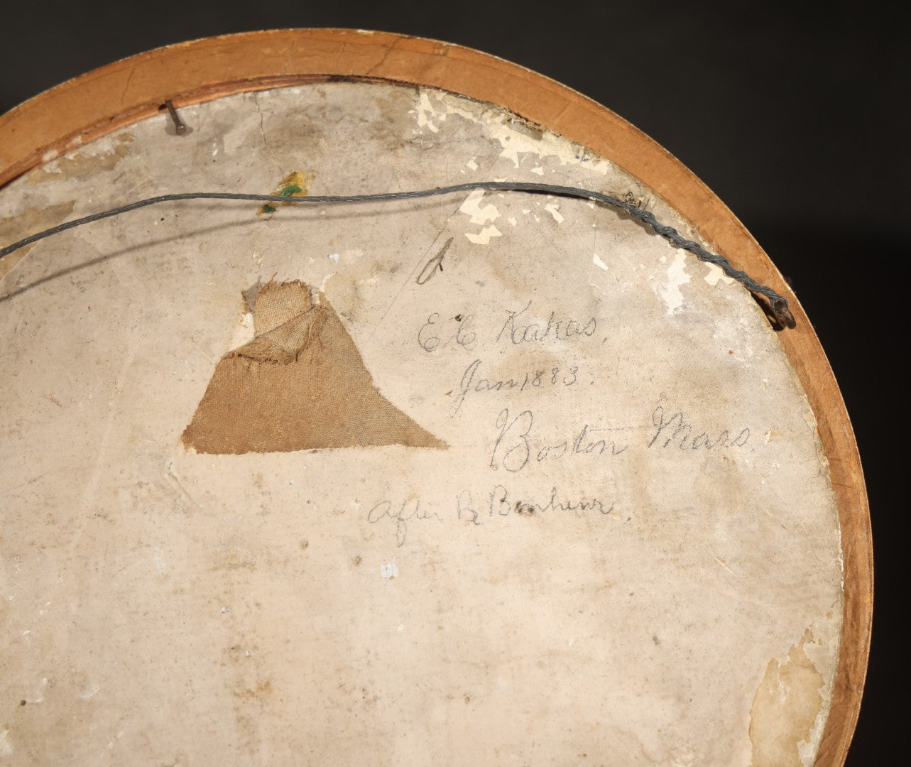 Antique Oil Painting on Composition Plate, Portrait of a Standing Hound After Rosa Bonheur by E.C. Kakas, Boston, Massachusetts, January 1883, in Round Frame