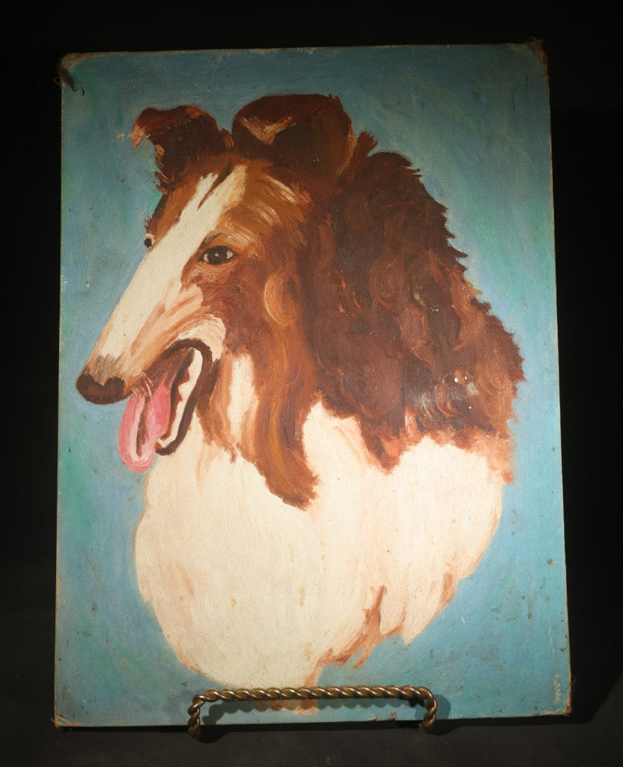 Vintage naive Oil Painting on Canvas Board, Portrait of a Collie Dog, 1956 Scholastic Art and Photography Awards Entry by Candy Flickinger, Hudson High School, Hudson, Ohio
