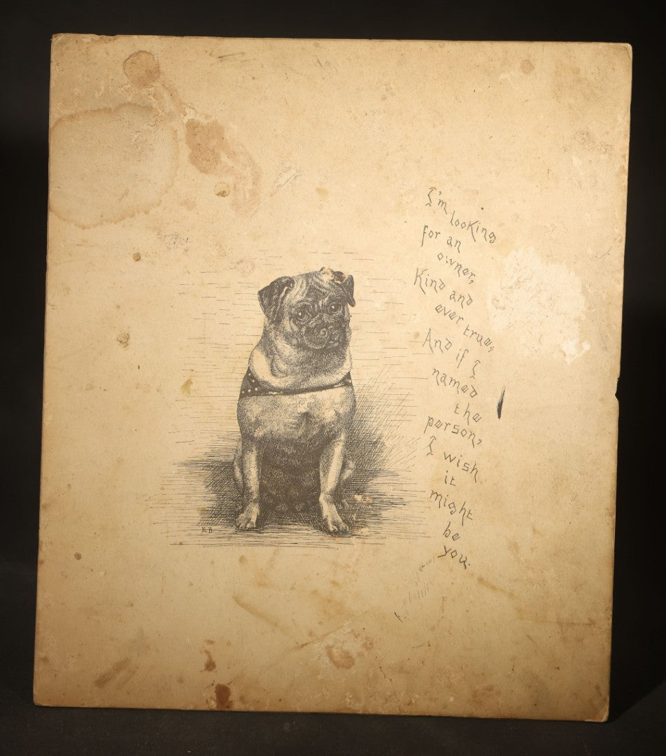 Antique Pug Dog Etching Print with Verse, Manuscript on Verso Recording First Meeting of the Beta Eta Alumni Charter House Association, Beta Theta Pi, Maine State College, Philadelphia, Pennsylvania, 1889