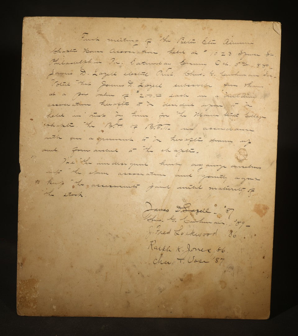 Antique Pug Dog Etching Print with Verse, Manuscript on Verso Recording First Meeting of the Beta Eta Alumni Charter House Association, Beta Theta Pi, Maine State College, Philadelphia, Pennsylvania, 1889
