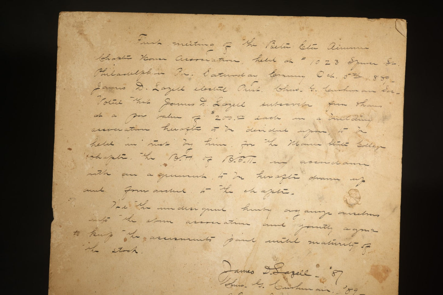 Antique Pug Dog Etching Print with Verse, Manuscript on Verso Recording First Meeting of the Beta Eta Alumni Charter House Association, Beta Theta Pi, Maine State College, Philadelphia, Pennsylvania, 1889