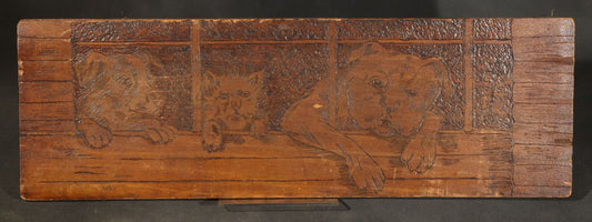 Antique Flemish Art Pyrography Wood Panel of Three Dogs at a Fence, Pattern No. 938