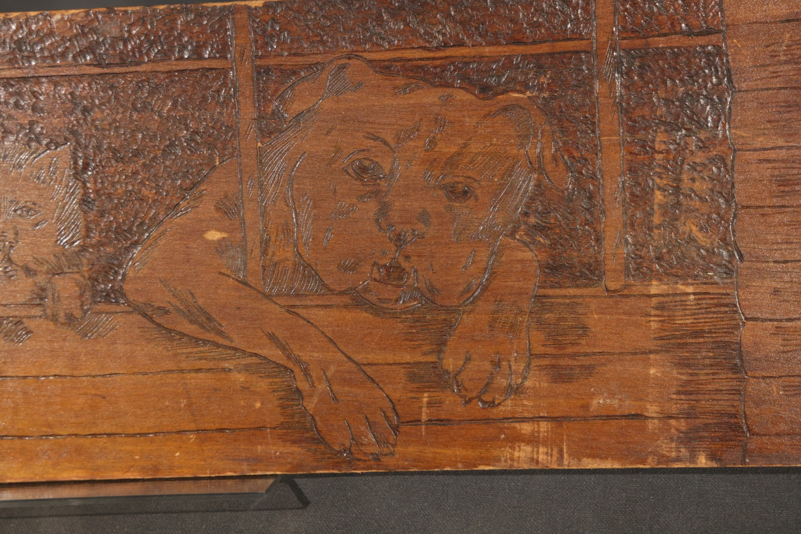 Antique Flemish Art Pyrography Wood Panel of Three Dogs at a Fence, Pattern No. 938
