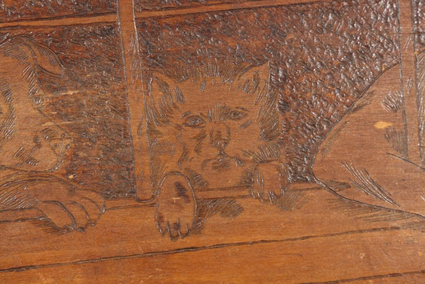 Antique Flemish Art Pyrography Wood Panel of Three Dogs at a Fence, Pattern No. 938