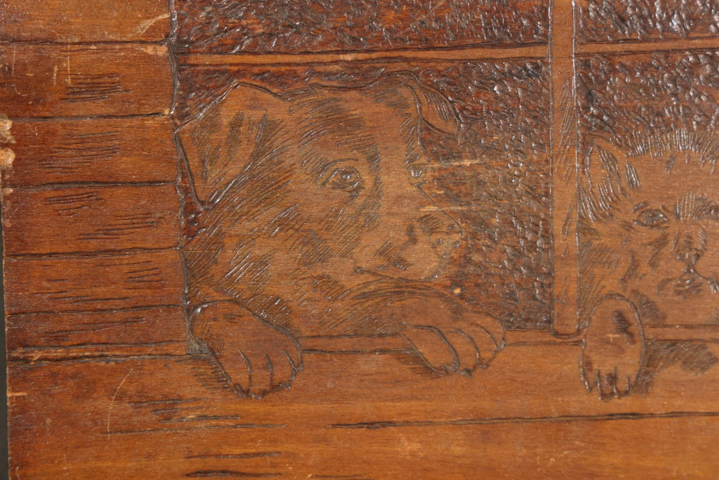 Antique Flemish Art Pyrography Wood Panel of Three Dogs at a Fence, Pattern No. 938