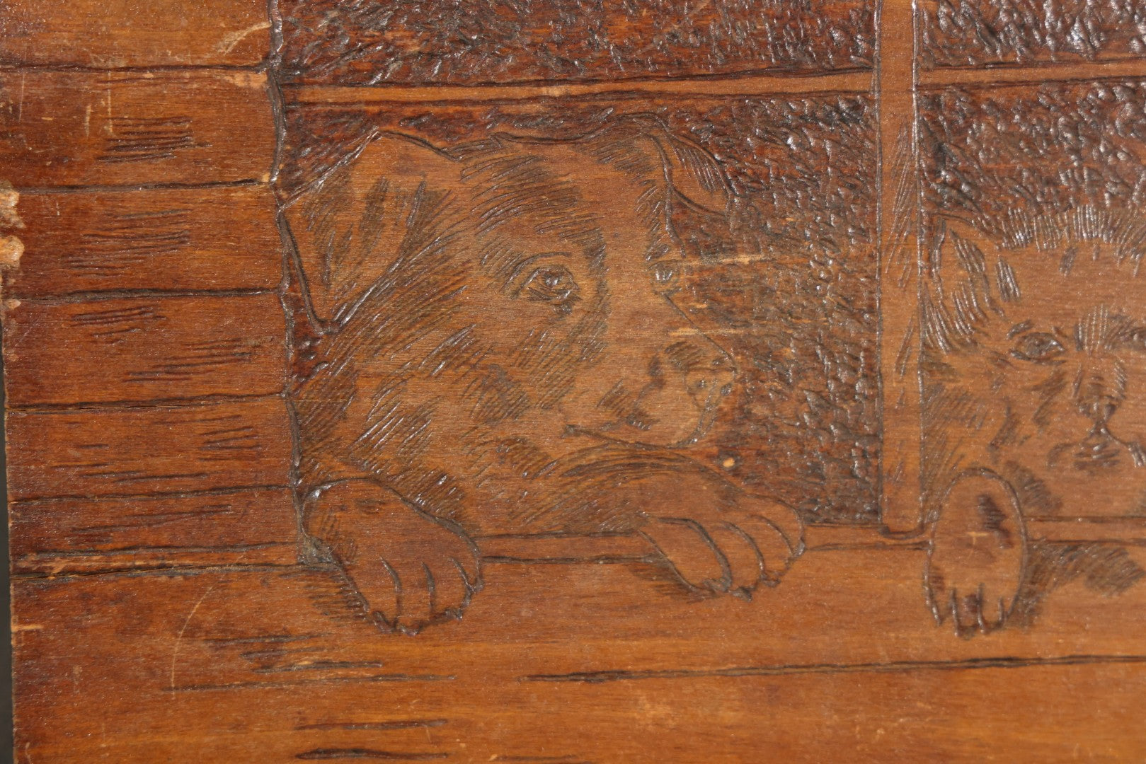 Antique Flemish Art Pyrography Wood Panel of Three Dogs at a Fence, Pattern No. 938