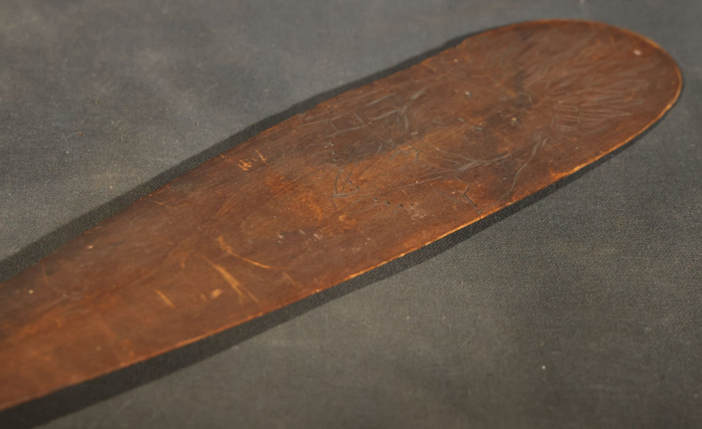 Antique Folk Art Wooden Paddle with Pyrography Portrait of Native American in Feathered Headdress