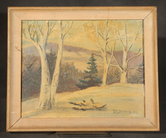 Vintage Oil Painting on Board, Winter Landscape with Bare Trees and Evergreen, Signed M.E. Stearns, Dated 1953