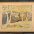 Lot 179 - Vintage Oil Painting on Board, Winter Landscape with Bare Trees and Evergreen, Signed M.E. Stearns, Dated 1953, 11-5/8" W x 9-5/8" H