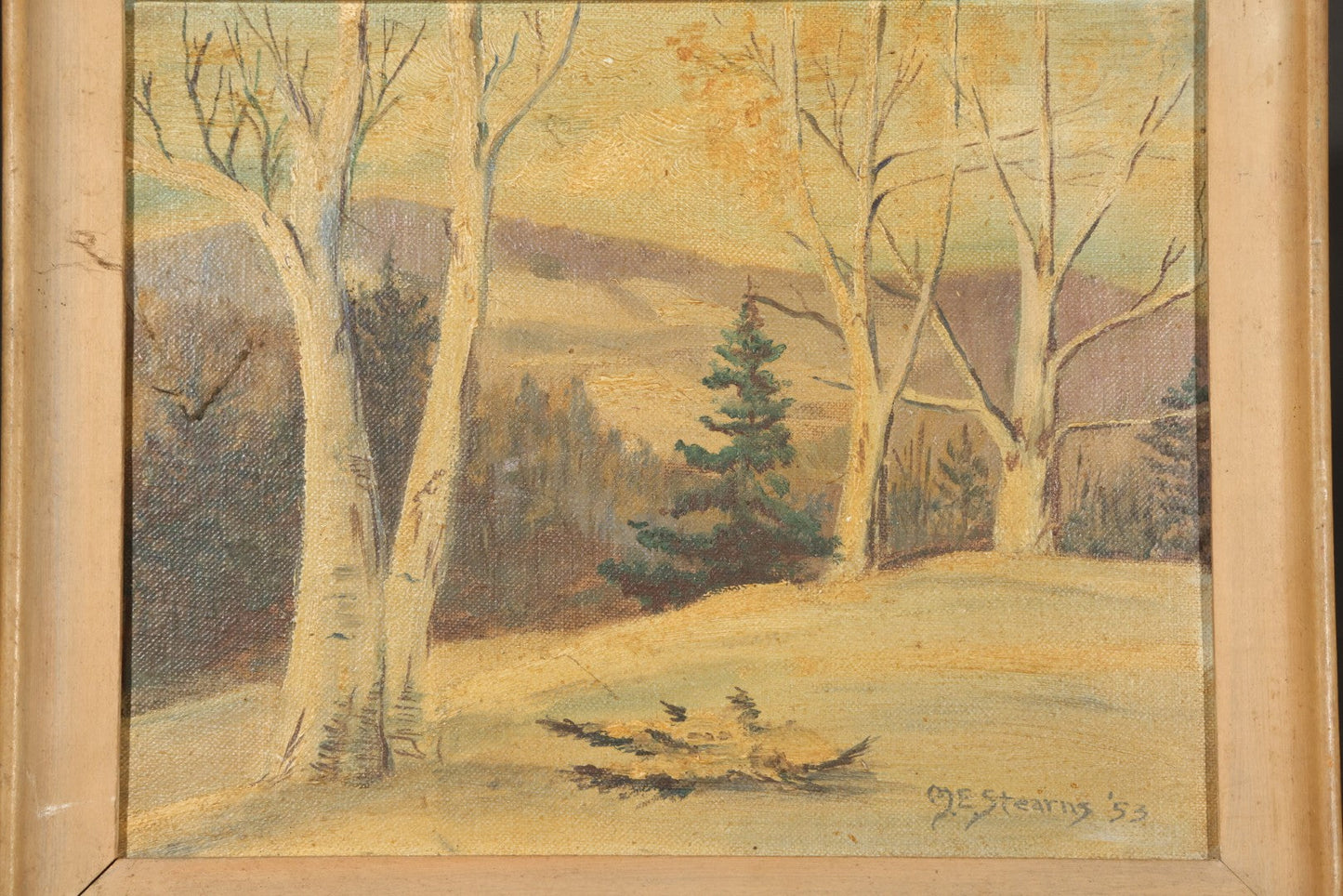 Vintage Oil Painting on Board, Winter Landscape with Bare Trees and Evergreen, Signed M.E. Stearns, Dated 1953