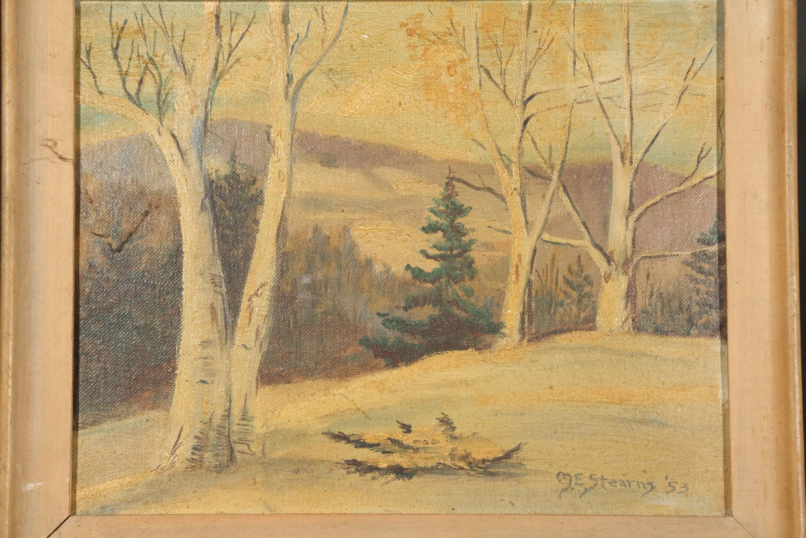 Vintage Oil Painting on Board, Winter Landscape with Bare Trees and Evergreen, Signed M.E. Stearns, Dated 1953