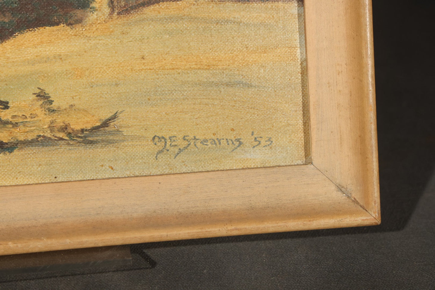 Vintage Oil Painting on Board, Winter Landscape with Bare Trees and Evergreen, Signed M.E. Stearns, Dated 1953