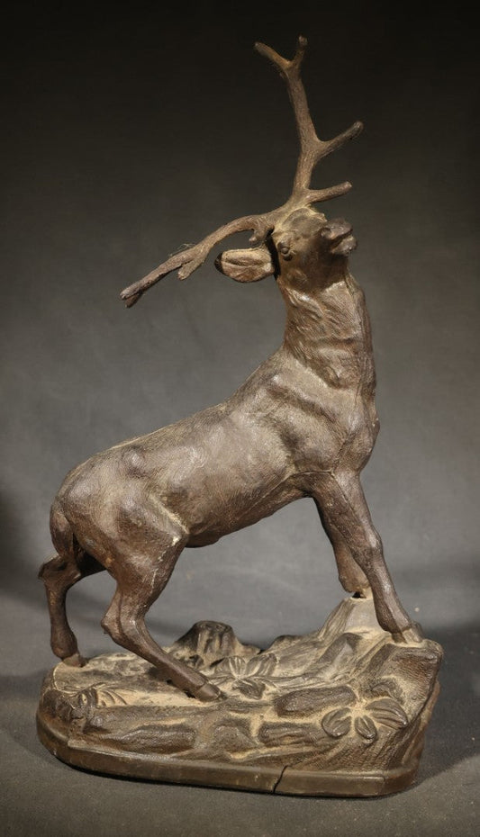 Antique Cast Metal Stag Figure on Naturalistic Base with Foliage