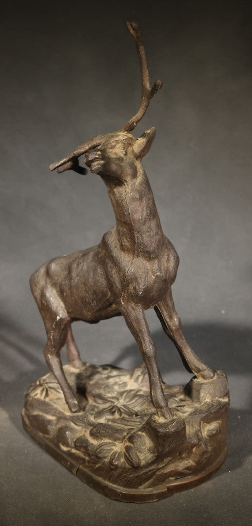 Antique Cast Metal Stag Figure on Naturalistic Base with Foliage