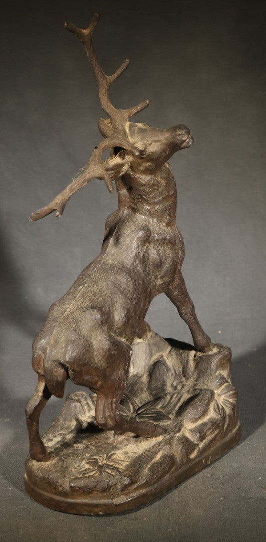 Antique Cast Metal Stag Figure on Naturalistic Base with Foliage