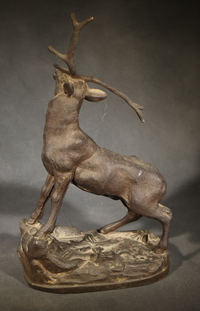 Antique Cast Metal Stag Figure on Naturalistic Base with Foliage