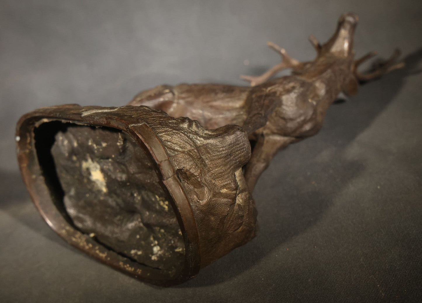Antique Cast Metal Stag Figure on Naturalistic Base with Foliage