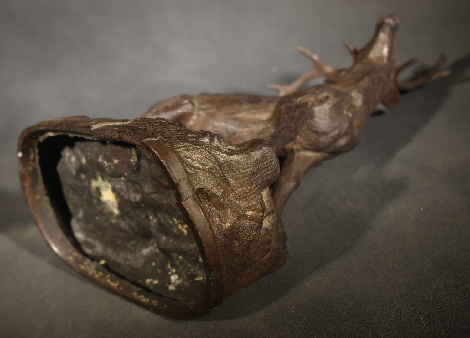 Antique Cast Metal Stag Figure on Naturalistic Base with Foliage