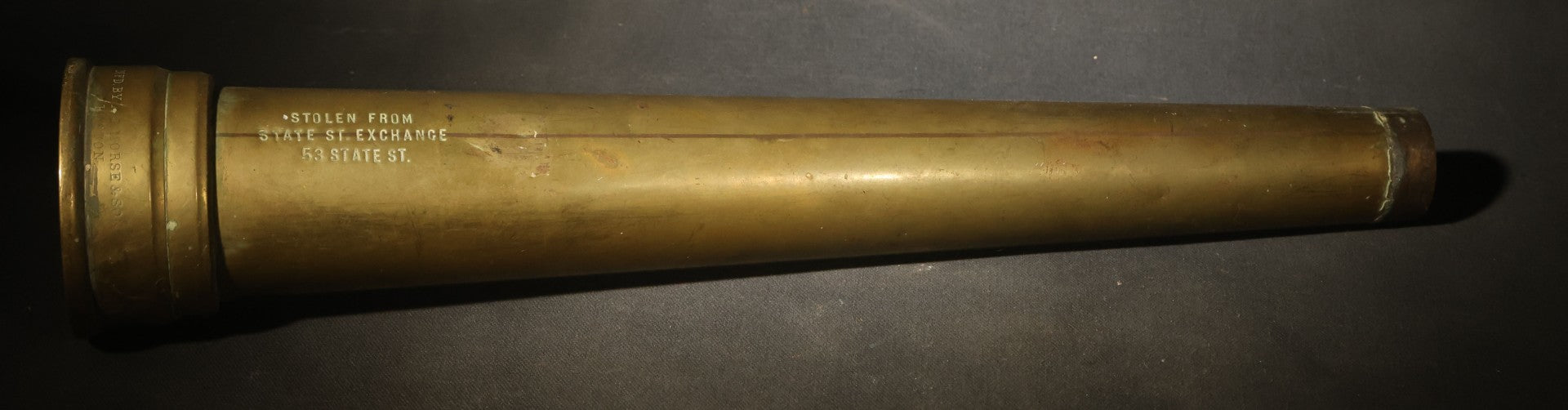 Antique Brass Fire Hose Nozzle, Manufactured by A.J. Morse & Son, Boston, Massachusetts, Stamped "Stolen From State St. Exchange 53 State St." and "Boston Belting Co."