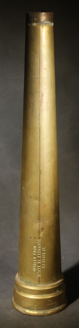 Antique Brass Fire Hose Nozzle, Manufactured by A.J. Morse & Son, Boston, Massachusetts, Stamped "Stolen From State St. Exchange 53 State St." and "Boston Belting Co."