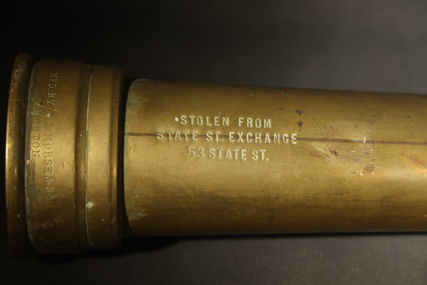 Antique Brass Fire Hose Nozzle, Manufactured by A.J. Morse & Son, Boston, Massachusetts, Stamped "Stolen From State St. Exchange 53 State St." and "Boston Belting Co."
