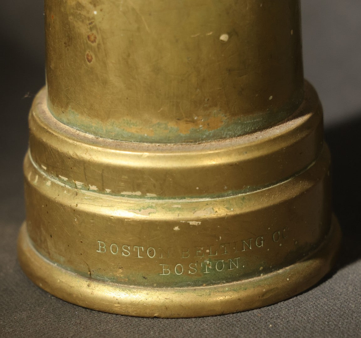 Antique Brass Fire Hose Nozzle, Manufactured by A.J. Morse & Son, Boston, Massachusetts, Stamped "Stolen From State St. Exchange 53 State St." and "Boston Belting Co."
