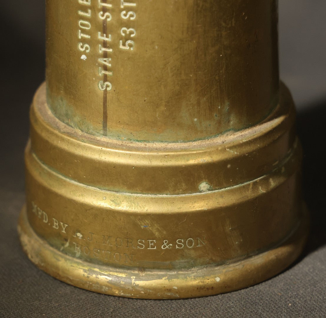 Antique Brass Fire Hose Nozzle, Manufactured by A.J. Morse & Son, Boston, Massachusetts, Stamped "Stolen From State St. Exchange 53 State St." and "Boston Belting Co."