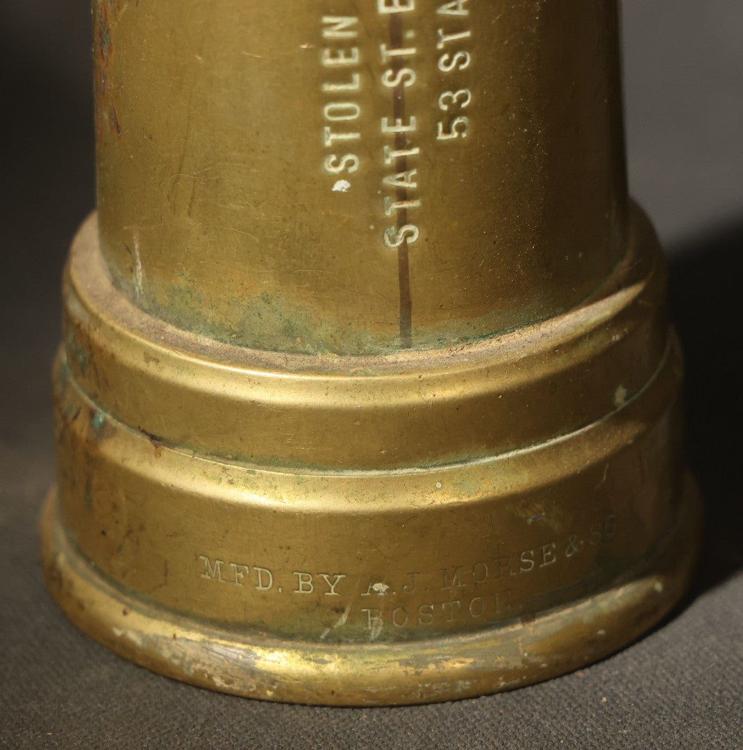 Antique Brass Fire Hose Nozzle, Manufactured by A.J. Morse & Son, Boston, Massachusetts, Stamped "Stolen From State St. Exchange 53 State St." and "Boston Belting Co."