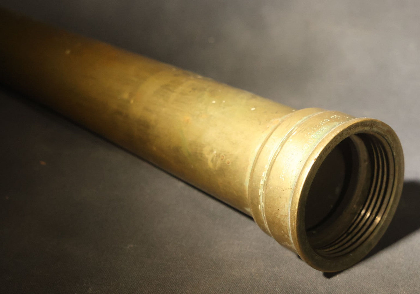Antique Brass Fire Hose Nozzle, Manufactured by A.J. Morse & Son, Boston, Massachusetts, Stamped "Stolen From State St. Exchange 53 State St." and "Boston Belting Co."