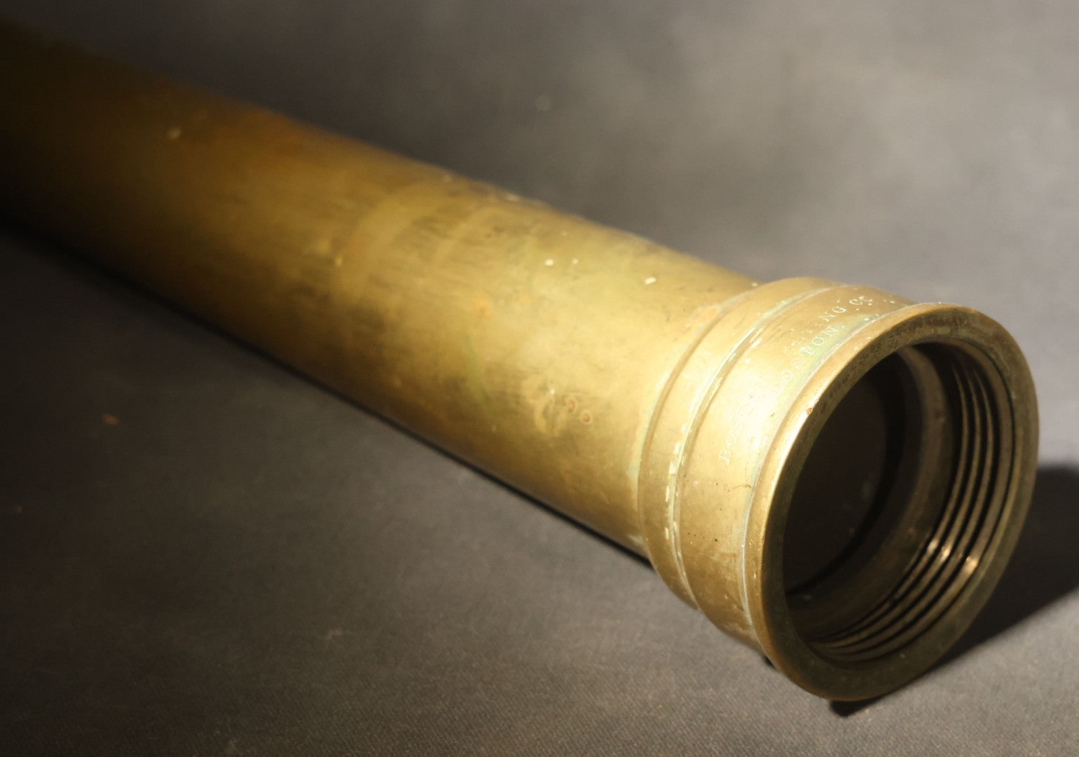 Antique Brass Fire Hose Nozzle, Manufactured by A.J. Morse & Son, Boston, Massachusetts, Stamped "Stolen From State St. Exchange 53 State St." and "Boston Belting Co."