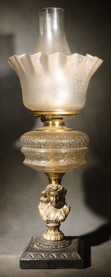 Antique Figural Bust Oil Lamp with Pressed Glass Font, Ruffled Frosted Shade, and Glass Chimney