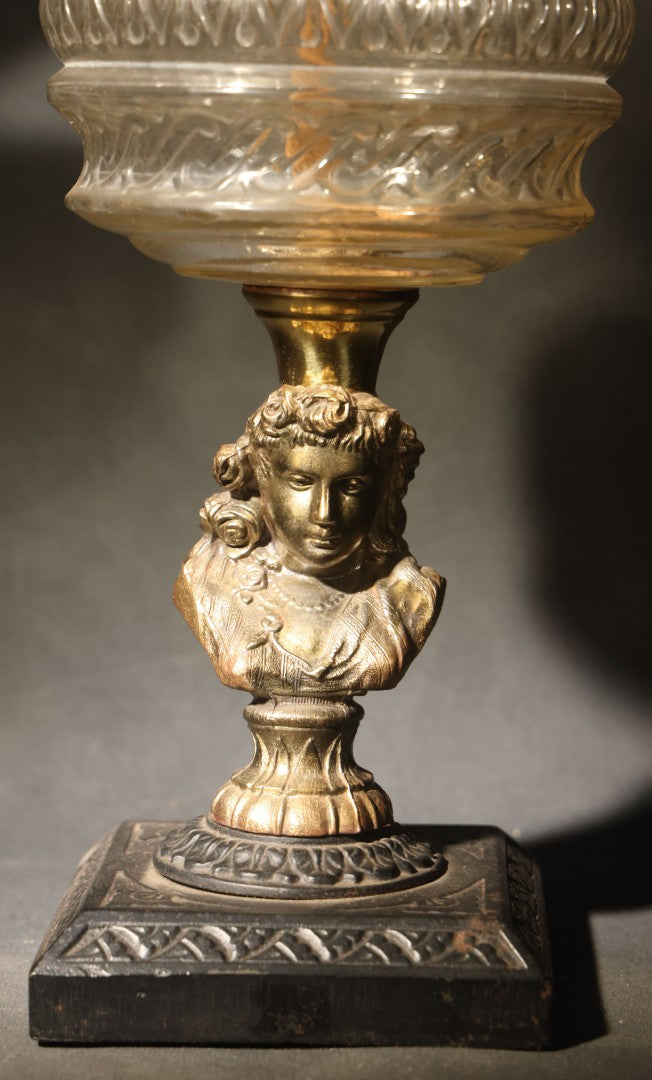 Antique Figural Bust Oil Lamp with Pressed Glass Font, Ruffled Frosted Shade, and Glass Chimney