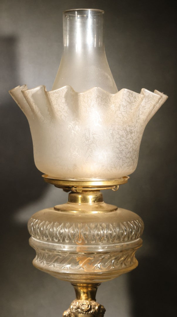 Antique Figural Bust Oil Lamp with Pressed Glass Font, Ruffled Frosted Shade, and Glass Chimney