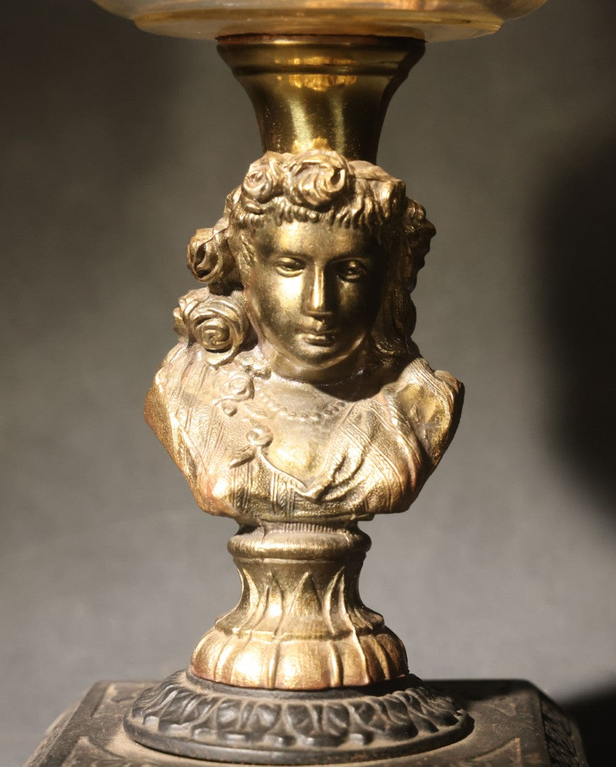 Antique Figural Bust Oil Lamp with Pressed Glass Font, Ruffled Frosted Shade, and Glass Chimney