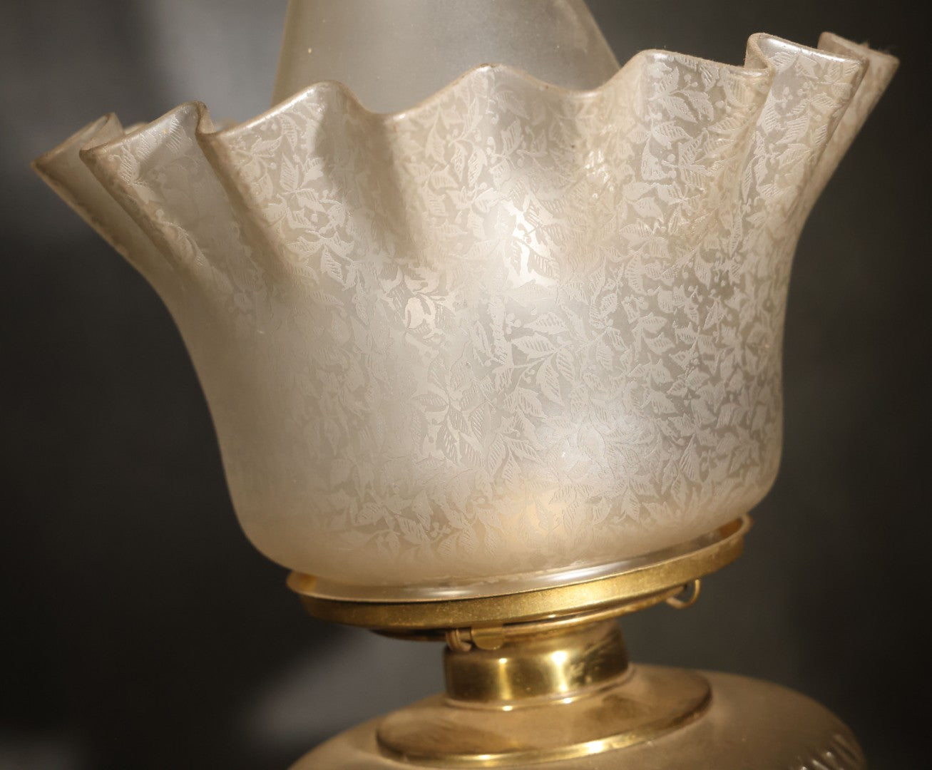 Antique Figural Bust Oil Lamp with Pressed Glass Font, Ruffled Frosted Shade, and Glass Chimney